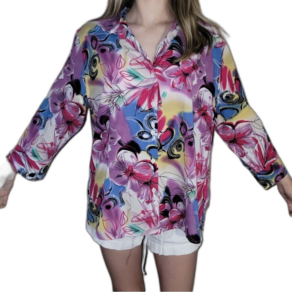 Apparenza Womens Size XL Extra Large Button Down V Neck Top Shirt Floral